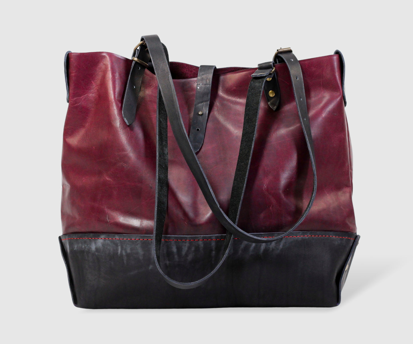 Large shopper handmade leather bag in burgundy color