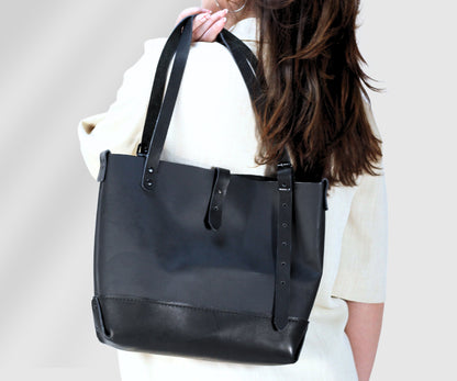 Large black leather TOTE handmade handbag