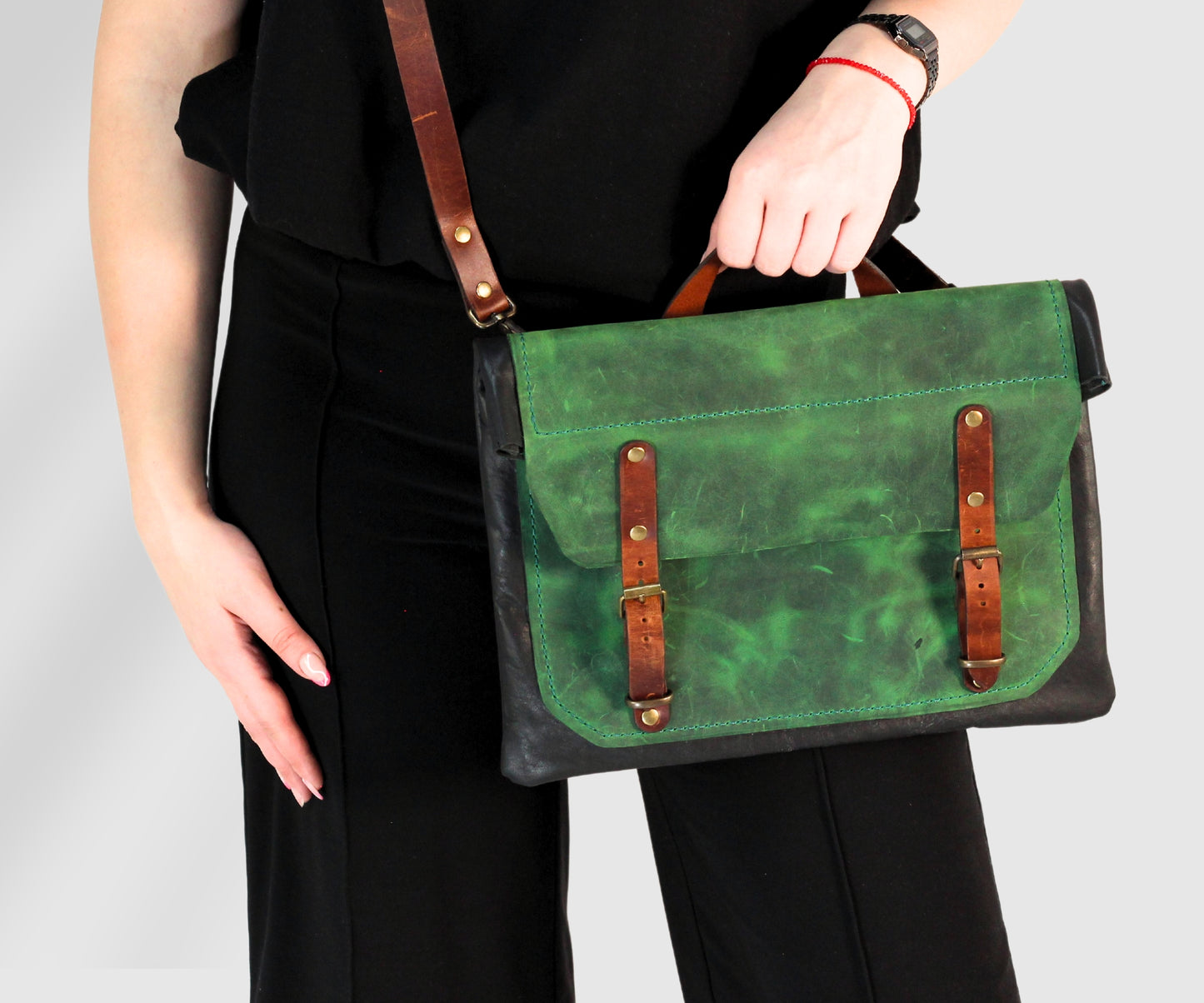 Leather suede laptop bag 13 inches in deep green color