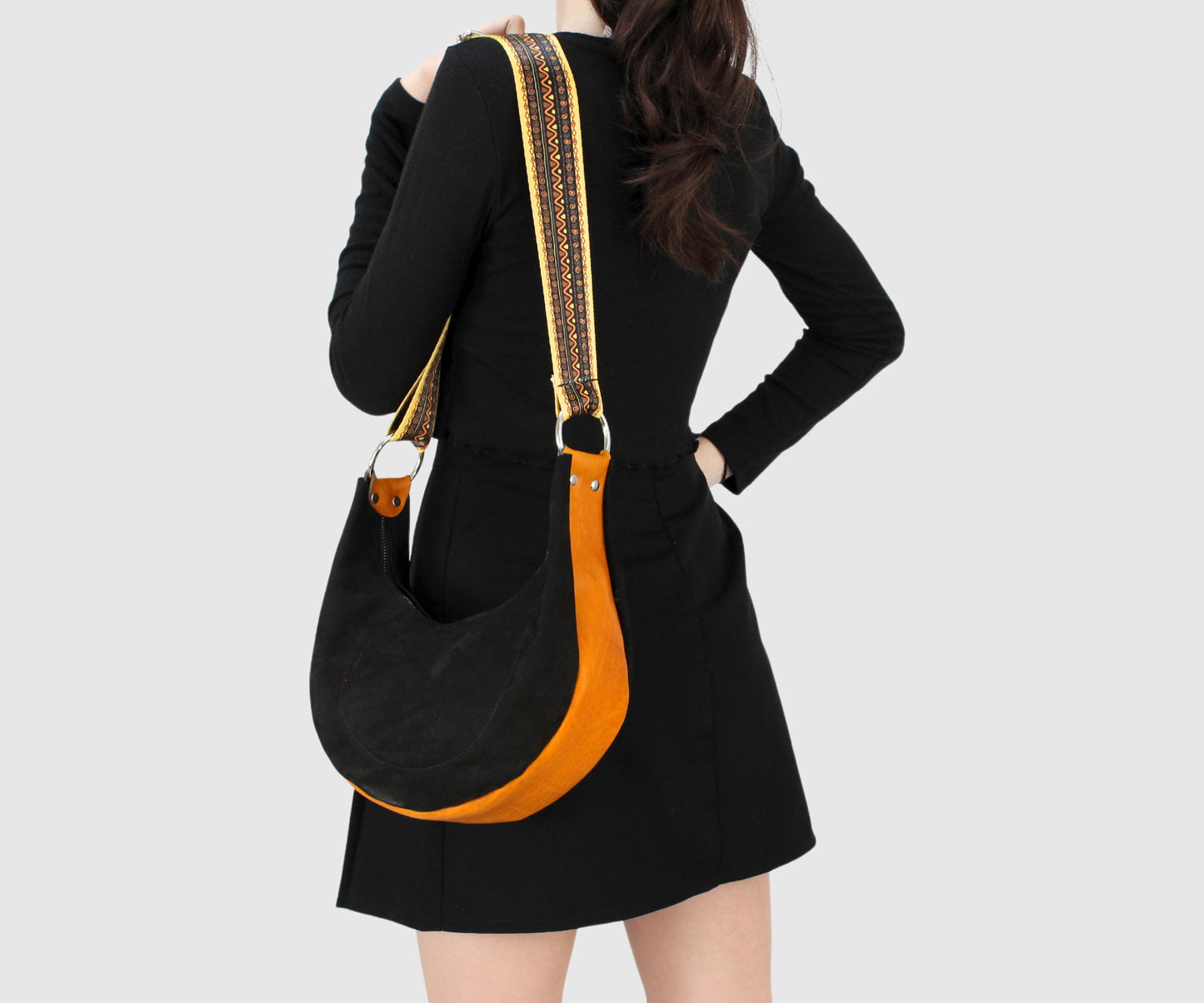 Half moon small leather shoulder bag, black suede bag, women's hobo bag BOHO style