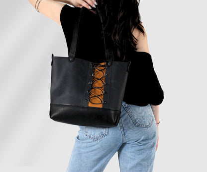 Black women's leather TOTE handmade bag