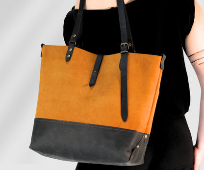 Large handmade leather suede bag in honey color made of nubuck