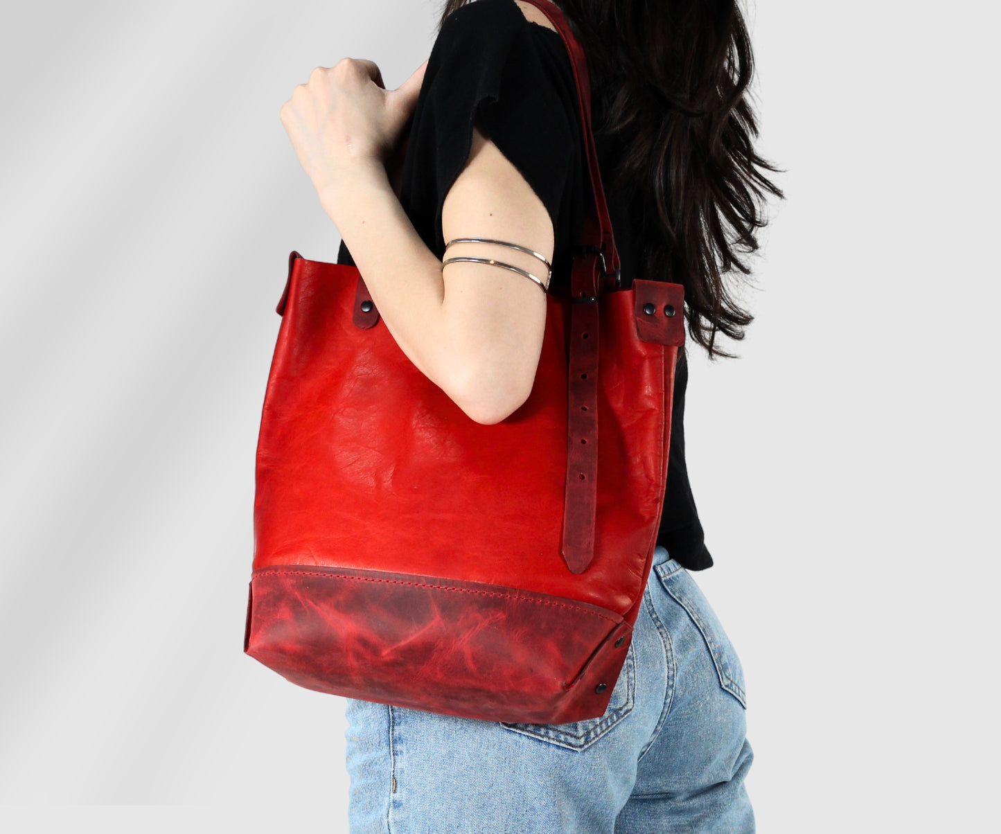 Red leather large shopper shoulder bag