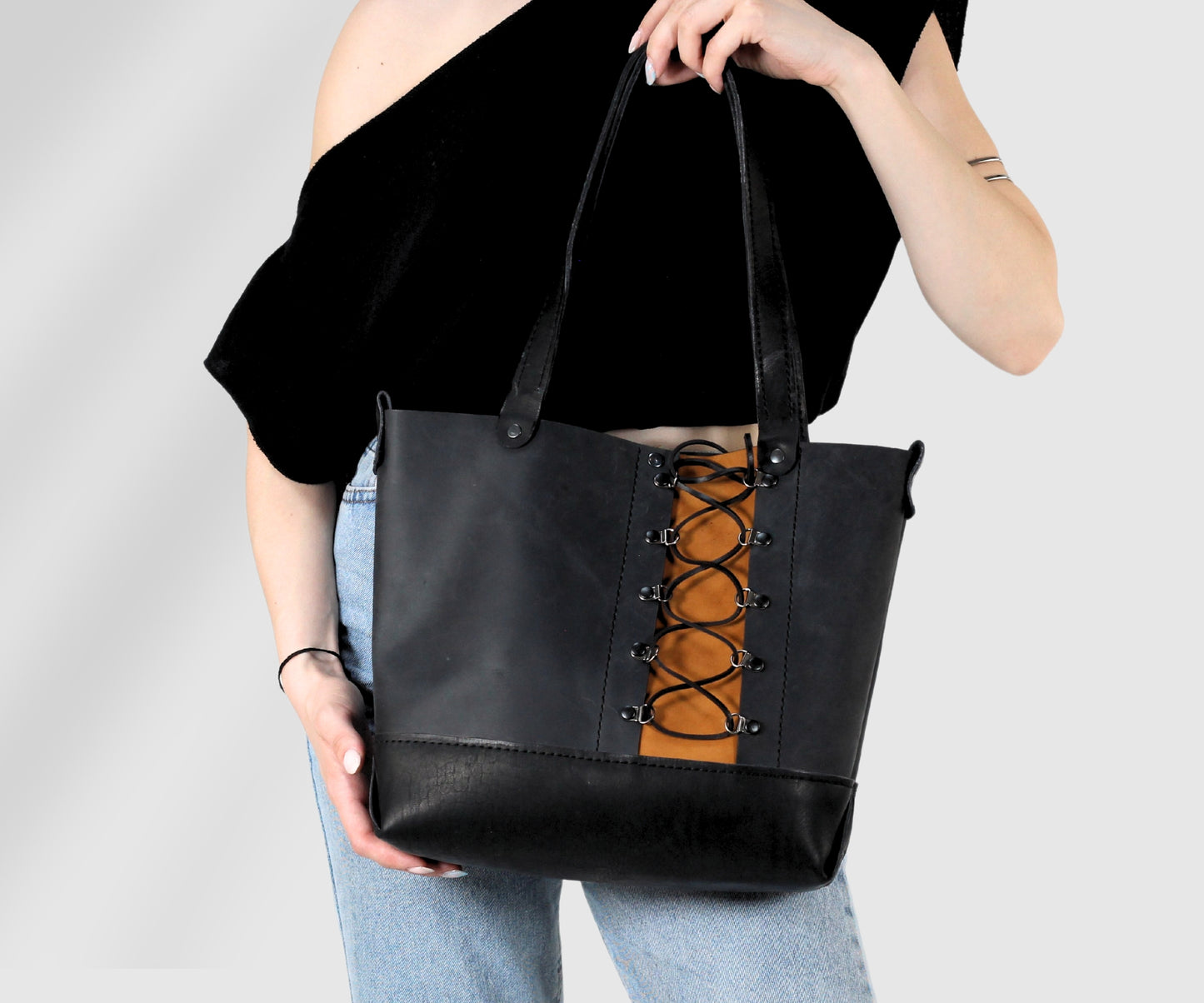 Black women's leather TOTE handmade bag