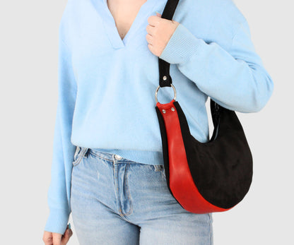 Half moon small leather shoulder bag, black suede bag, women's hobo bag BOHO style