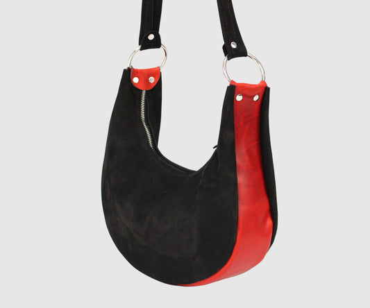 Half moon small leather shoulder bag, black suede bag, women's hobo bag BOHO style