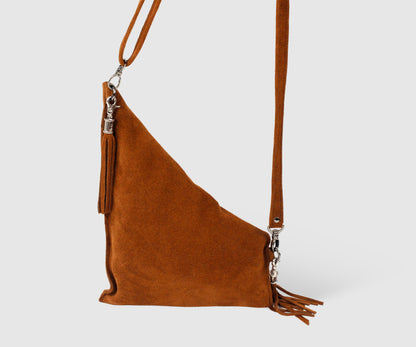 Brown Suede Triangle Shoulder purse, suede leather purse, BOHO and HIPPIE style