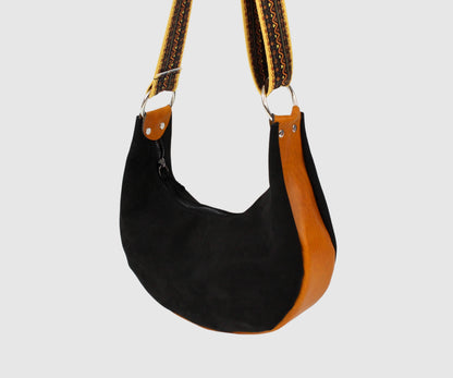 Half moon small leather shoulder bag, black suede bag, women's hobo bag BOHO style