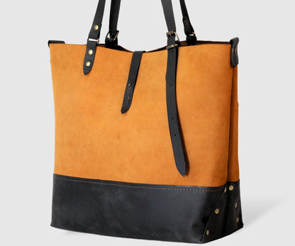 Large handmade leather suede bag in honey color made of nubuck