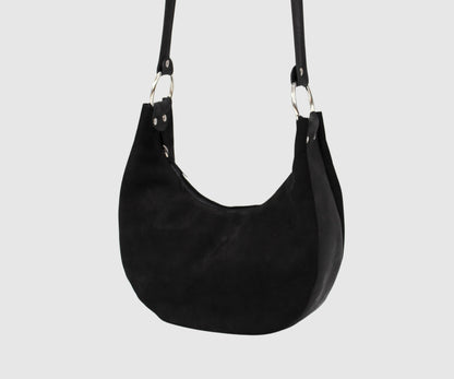 Half moon small leather shoulder bag, black suede bag, women's hobo bag BOHO style