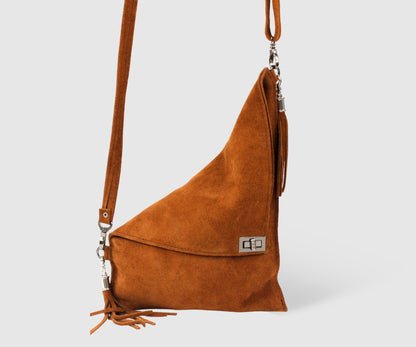 Brown Suede Triangle Shoulder purse, suede leather purse, BOHO and HIPPIE style