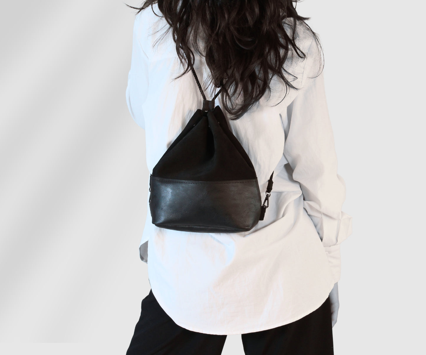 Mini backpack made of black suede and genuine leather, black women backpack