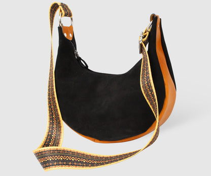 Half moon small leather shoulder bag, black suede bag, women's hobo bag BOHO style