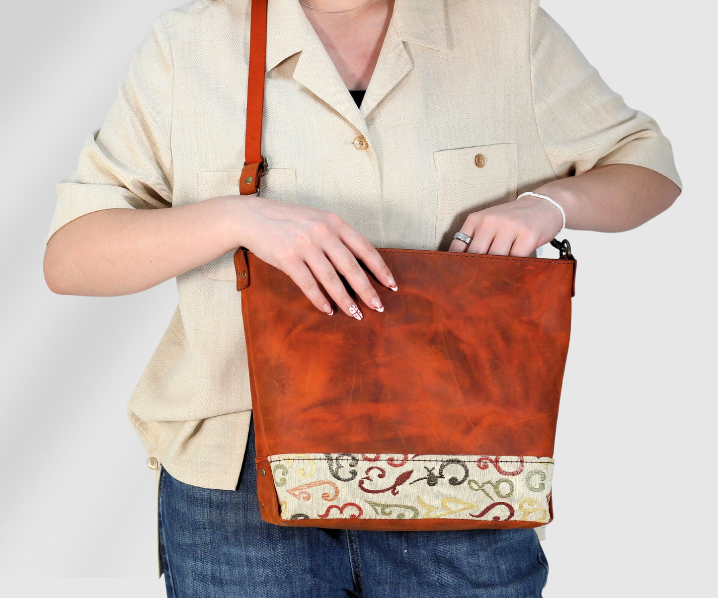 Leather handmade Tote shoulder bag in ginger color