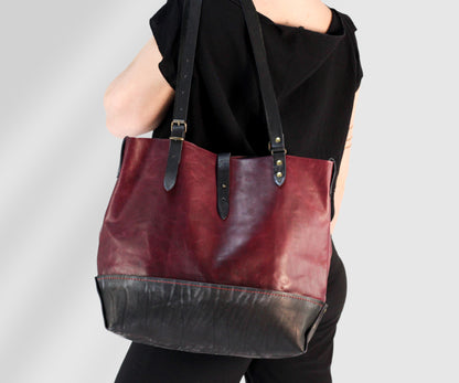 Large shopper handmade leather bag in burgundy color