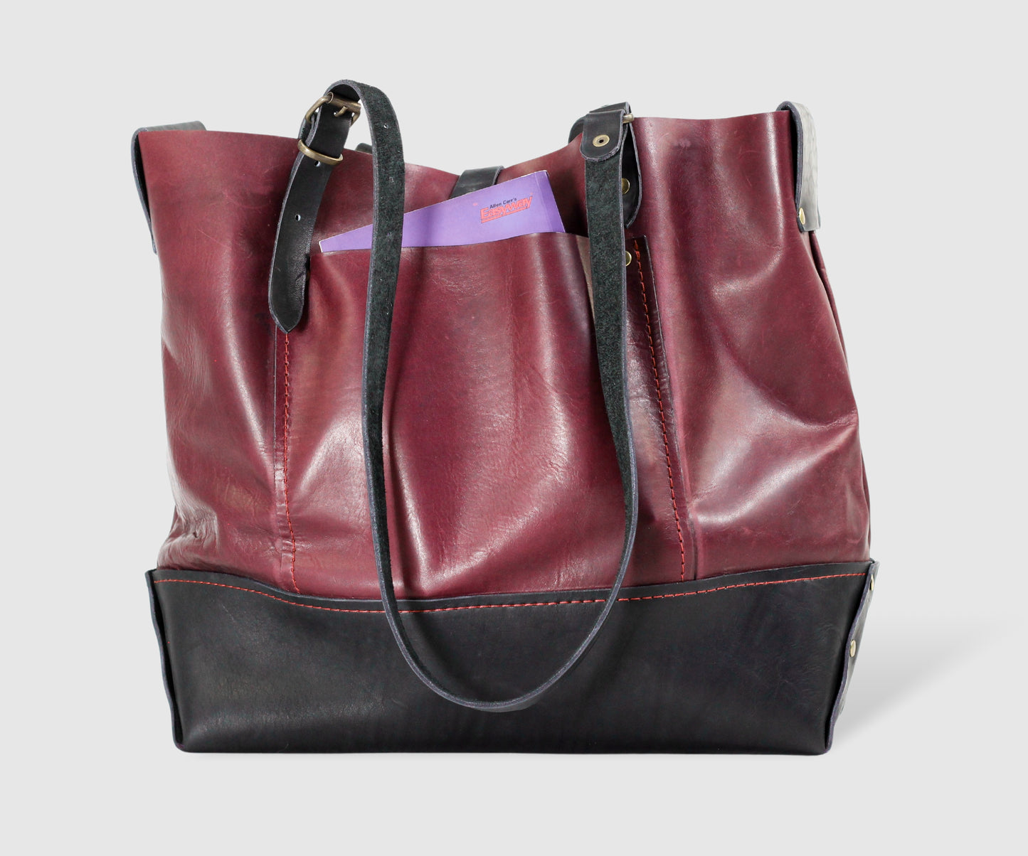 Large shopper handmade leather bag in burgundy color